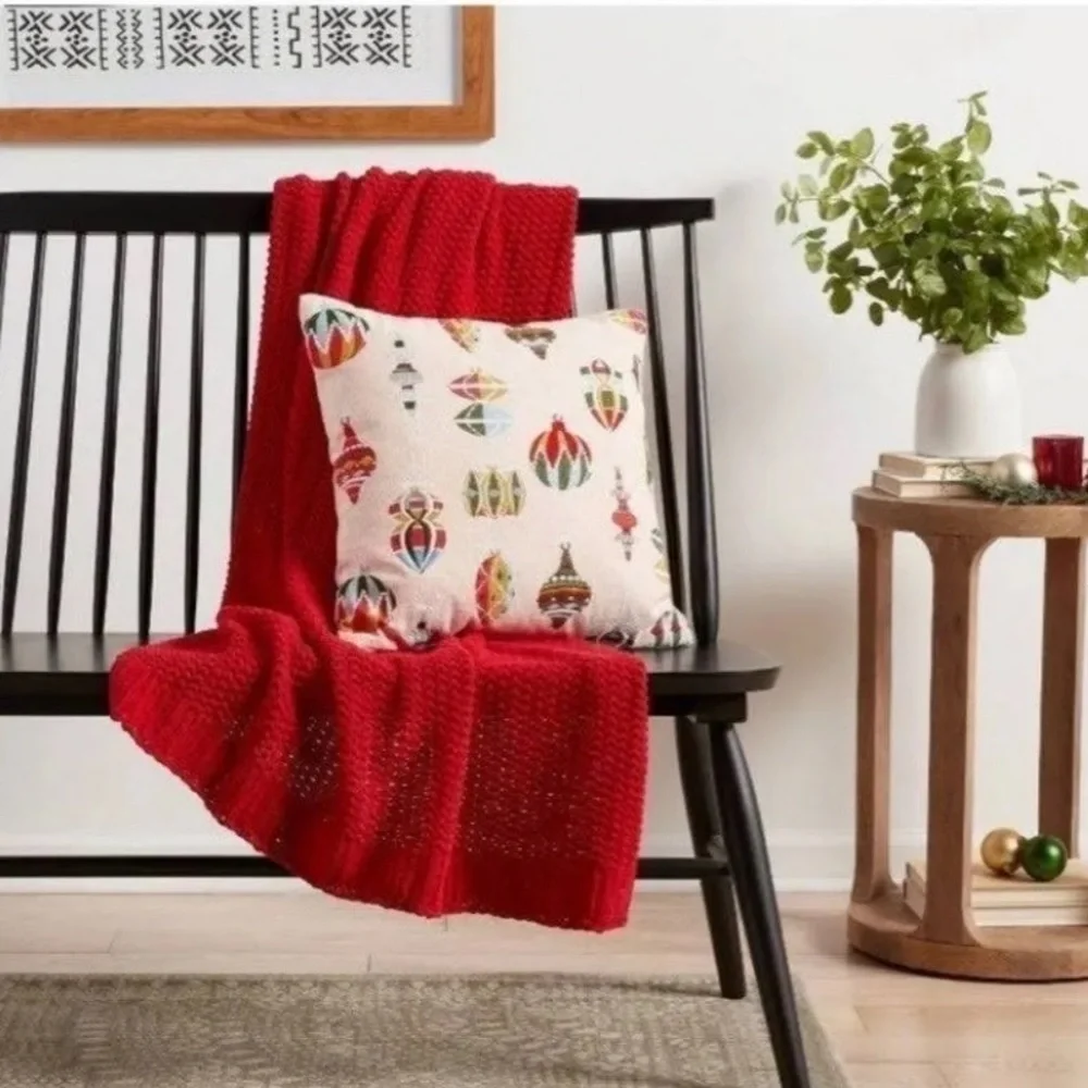 Threshold Embroidered Ornament Square Christmas Throw Pillow in Blush